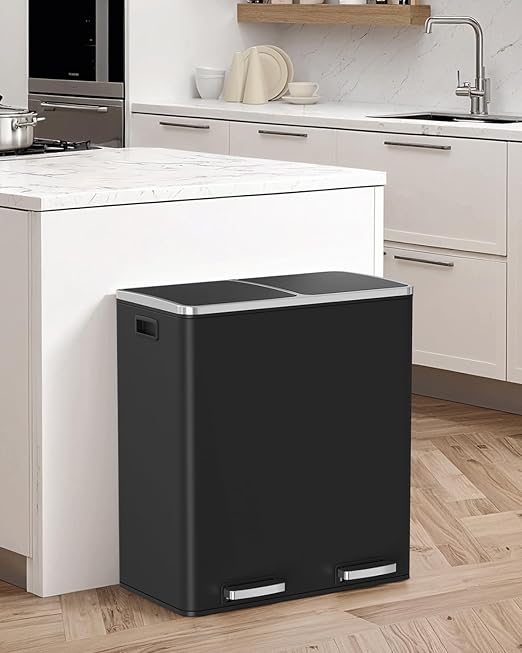 Arlopu Dual Trash Can, 2 x 8 Gallon (2 x 30 L) Hands-Free Trash and Recycle Bin Combo, Stainless Steel Kitchen Garbage Can with Soft-Close Lid, Removable Inner Buckets, Step Pedal, Airtight (Black)