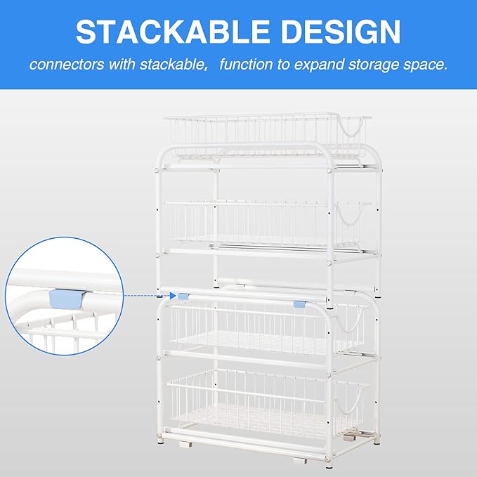 AIYAKA 2 Tier Stackable Sliding Basket Organizer Drawer For Kitchen And Bathroom/Cabinet Drawers,White
