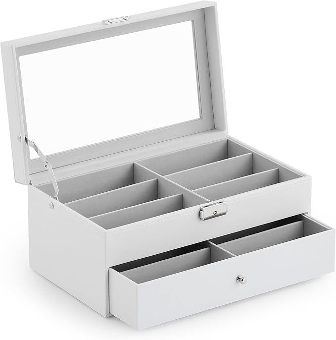 CO-Z Sunglasses Organizer with 12 Slots, Leather Eyeglasses Storage Box for Women Men, 2 Story Lockable Display Case for Multiple Glasses, Sunglasses Jewelry Collection Holder with Drawer, White