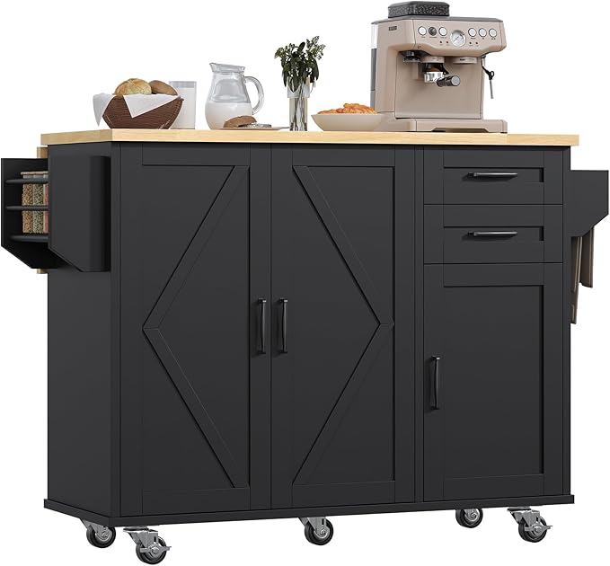 VVFLU Rolling Kitchen Island On Wheels, Kitchen Island Cart with Drop Leaf Countertop, Barn Door Kitchen Island Table with Storage Cabinet and 2 Drawer, 5 Wheels, Towel Rack and Spice Rack, Black
