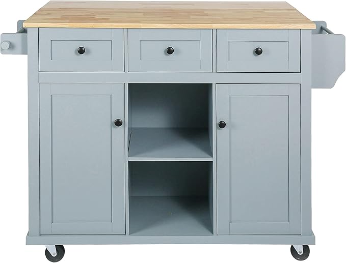 Yayzy Rolling Kitchen Island with Drop Leaf, Cabinet Door Storage Racks & 3 Drawers, Mobile Kitchen Cart with Rubberwood Top & Locking Wheels for Dining Room & Kitchen, 53-Inch, Grey Blue