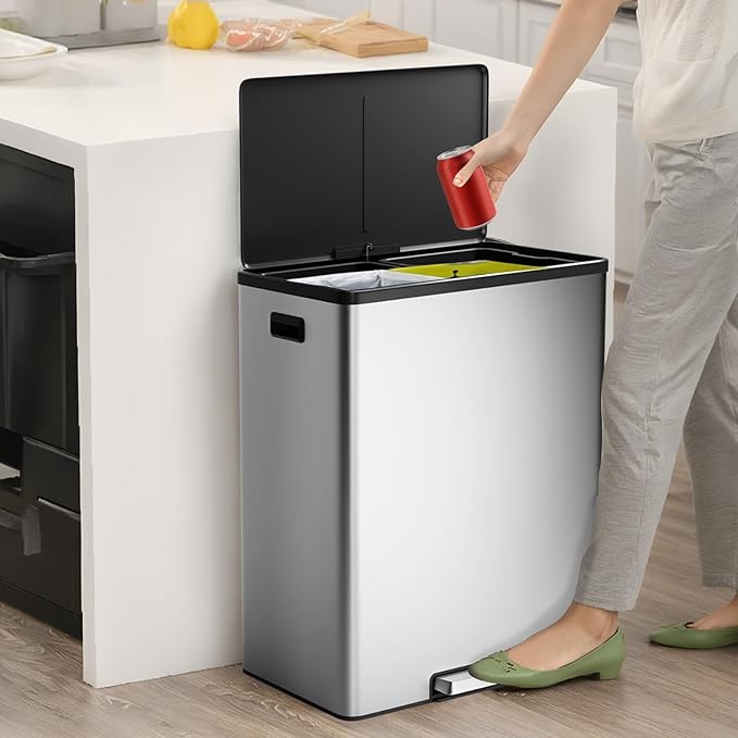 16 Gallon Kitchen Double Trash Can with Lid, 60 L Stainless Steel Large Dual Trash and Recycle Bin Combo, Step-on Double Compartment Garbage Bin with Removable Inner Buckets for Home and Office