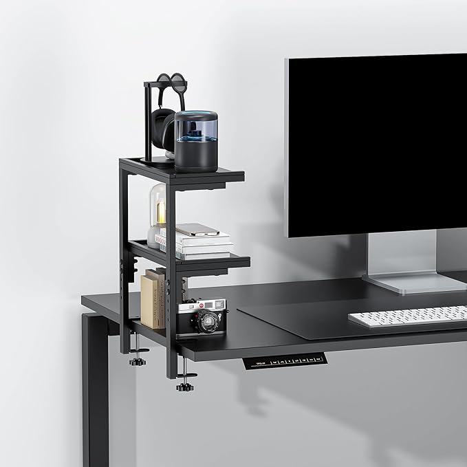 Spacrea clamp on Desk Shelf, 2 Tier Office Desk Shelves Organizer, Wood Desktop Supplies Storage Rack, Desk Organizers and Accessories (Black)