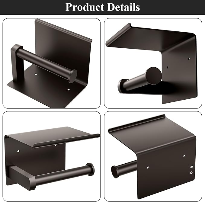 Tindbea Toilet Paper Holder with Phone Shelf + Towel Robe Hooks, Adhesive or Screw Wall Mounted Toilet Paper Roll Storage Dispenser, Stainless Steel Bathroom Tissue Roll Holder (Bronze)