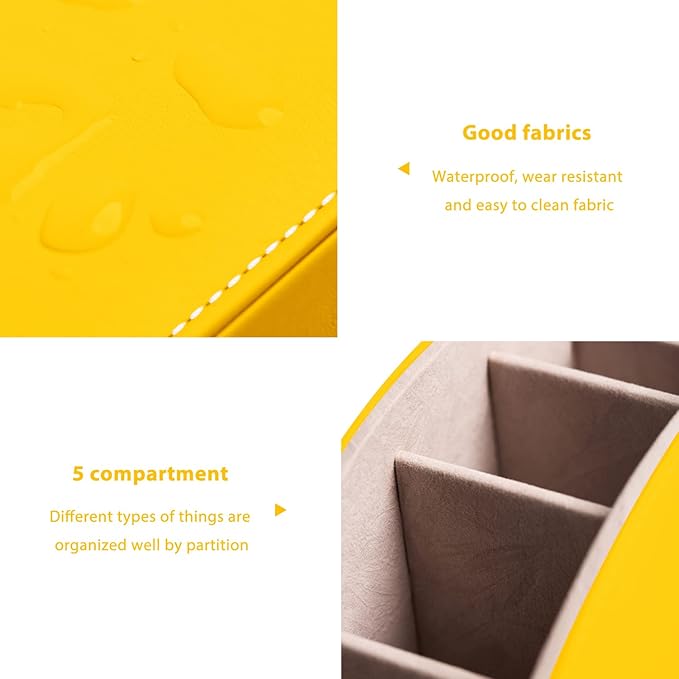 Remote Control Holders Organizer Box with 5 Compartment PU Leather Multi-functional Office Desk Storage Caddy Store Tv Remote for Media Player,Brush,Pencil,Glassees&Office Supplies (Yellow)