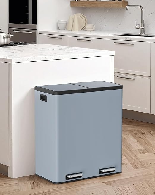 Arlopu Dual Trash Can, 2 x 8 Gallon (2 x 30 L) Hands-Free Trash and Recycle Bin Combo, Stainless Steel Kitchen Garbage Can with Soft-Close Lid, Removable Inner Buckets, Step Pedal, Airtight(Haze Blue)