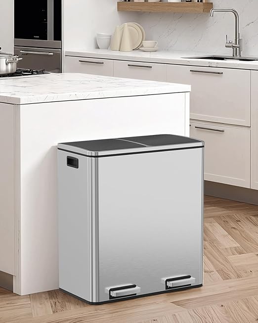 Arlopu Dual Trash Can, 2 x 8 Gallon (2 x 30 L) Hands-Free Trash and Recycle Bin Combo, Stainless Steel Kitchen Garbage Can with Soft-Close Lid, Removable Inner Buckets, Step Pedal, Airtight (Silver)