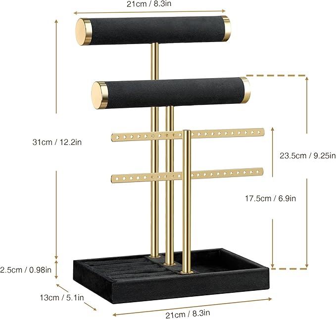 bussdis 3 Tier Bracelet Holder Display - Detachable T Bar Black Velvet Bracelet Holder, Jewelry Holder Organizer for Bracelet, Necklace, Earrings, Rings