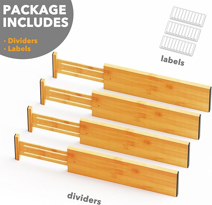 SpaceAid Bamboo 4 Pack Dresser Drawer Dividers, 4.65“ High Adjustable 17“-22” Drawer Organizers, Expandable Organization for Clothing, Clothes, Dressers, Natural