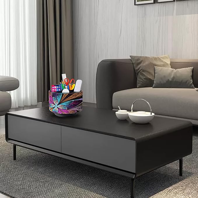 WEEMAGIC Remote Control Holder Round Leather Art Supply Organizer, PU Leather Pencil Stationery Desk Storage Makeup Organizer for Heater Controllers TV Remotes, 4 Compartments, 360 Degree Spinning