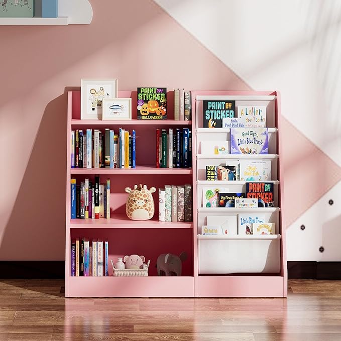 Pink 4-Tier Kids Wooden Bookshelf,5 Layer Sling Bookcase,Baby Storage Book Rack,Kids Book Toy Organizer Chest,Infant Toddler Front Facing Book Display,Playroom Classroom Nursery Church Bedroom