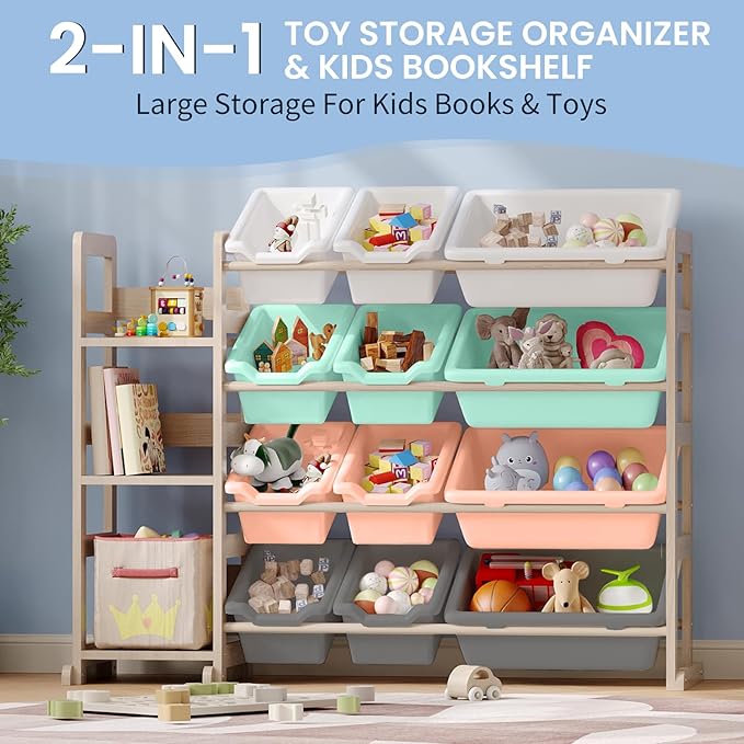 Toy Storage Organizer - Toy Organizers and Storage with Bookshelf, Toy Storage Shelf with 3 Shelves and 12 Storage Bins, Kids Bookshelf and Toy Storage for Kids Room, Playroom, Nursery, Multi color
