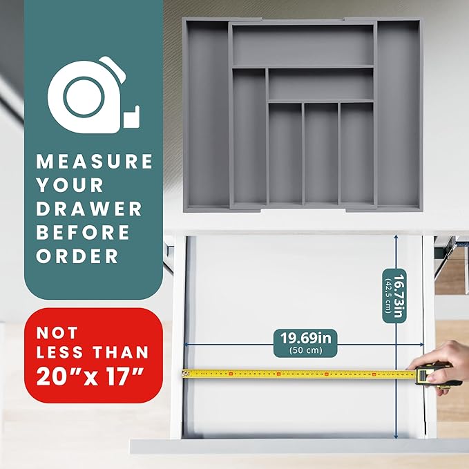 Sben Expandable Drawer Organizer for Utensils Holder, Adjustable Cutlery Tray, 6-8 Slots, Premium Wood Drawer Dividers Organizer for Silverware, Flatware, Knives for Kitchen (Gray)