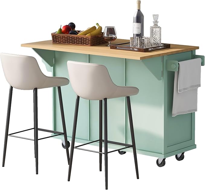 Yayzy Rolling Kitchen Island with Drop Leaf & Cabinet Door Storage Racks, 53” Kitchen Cart with 3 Drawers, Rubberwood Top, Locking Wheels, for Kitchen and Dining Room, Mint Green