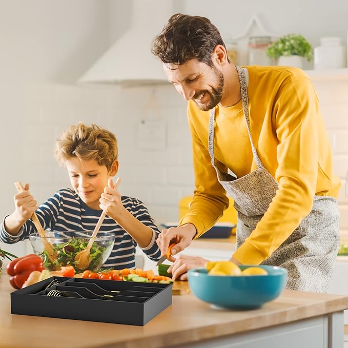 Bellsal Black Utensil Organizer 10 Inch Silverware Tray for Utensil Holder Cutlery Organizer Kitchen Drawer Organizer 5 Compartment Small Narrow Bamboo