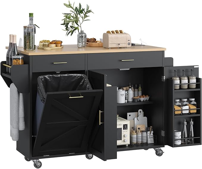 VVFLU 51.8" Kitchen Island Cart with Trash Can Storage, Kitchen Island on Wheels with Power Outlet & Drop Leaf, Rolling Kitchen Cart with Towel Rack & Spice Rack, Mobile Islands Table for Kitchen