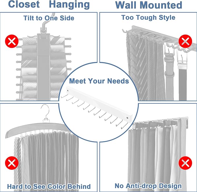 【2 in 1】 2 Pack Tie Organizer Belt Organizer Wall Mounted, Space Saving Tie Rack Belt Hanger for Closet with 24 Storage Hooks, Belt Tie Holder for Closet Organizer Storage White