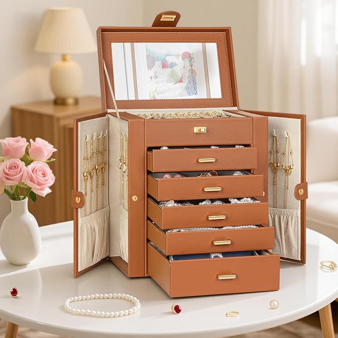 AKOZLIN 6-Tier Jewelry Box Organizer Functional 5 Drawers Leather Jewelry Storage Case for Women Girls Ring Necklace Earring Bracelet Holder Organizer with Mirror Dark Orange