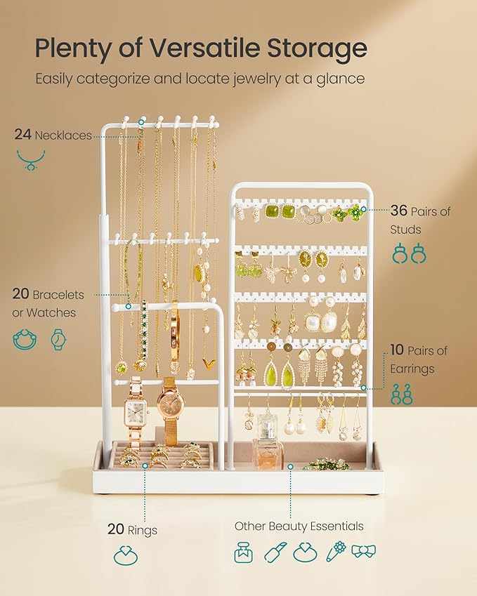 SONGMICS Jewelry Holder, Jewelry Storage Organizer Stand with Metal Frame, Velvet Tray, 12.1 to 18.7 Inches Tall Height Adjustable Necklace Holder, for Rings, Earrings, Matte White UJJS026W01