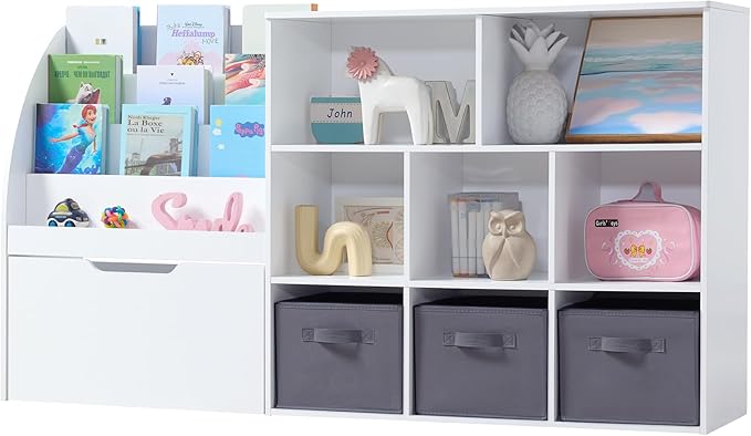 Kids Bookshelf and Toy Storage, 58.5’’ Toy Storage Organizer with Movable Chests & 3 Storage Bins, Large Kids Reading Nook Toy Organizers and Storage with 5 Cubbies for Playroom, Bedroom, White