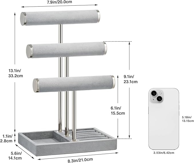 bussdis 3 Tier Bracelet Holder Display - Detachable T Bar Grey Velvet Bracelet Holder, Jewelry Holder Organizer for Bracelet, Necklace, Earrings, Rings