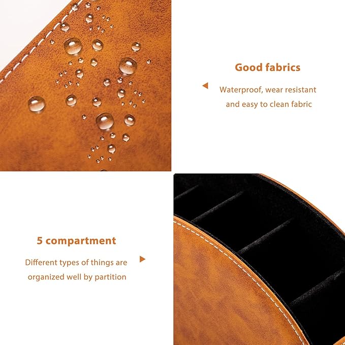 Remote Control Holders Organizer Box with 5 Compartment PU Leather Multi-functional Office Desk Storage Caddy Store Tv Remote for Media Player,Brush,Pencil,Glassees&Office Supplies (Two tone brown)