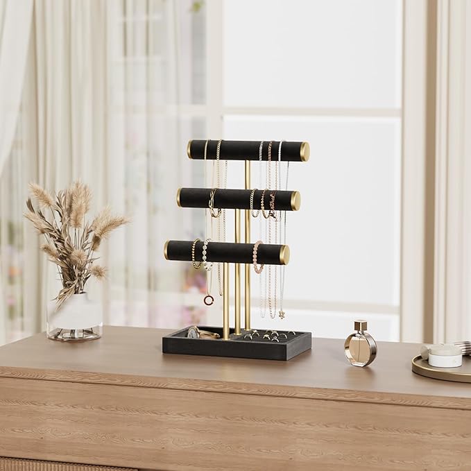 bussdis 3 Tier Bracelet Holder Display - Detachable T Bar Black Velvet Bracelet Holder, Jewelry Holder Organizer for Bracelet, Necklace, Watches, Rings