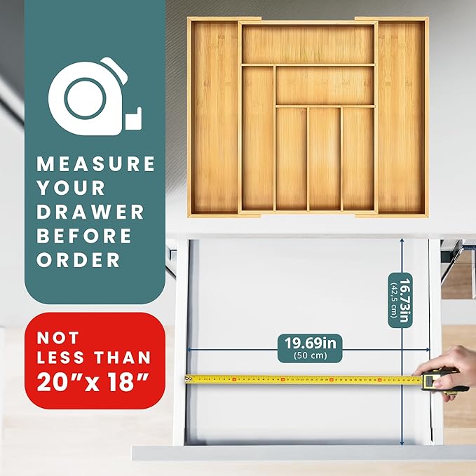 Sben Expandable Drawer Organizer for Utensils Holder, Adjustable Cutlery Tray, 6-8 Slots, Premium Wood Drawer Dividers Organizer for Silverware, Flatware, Knives for Kitchen (Bamboo)