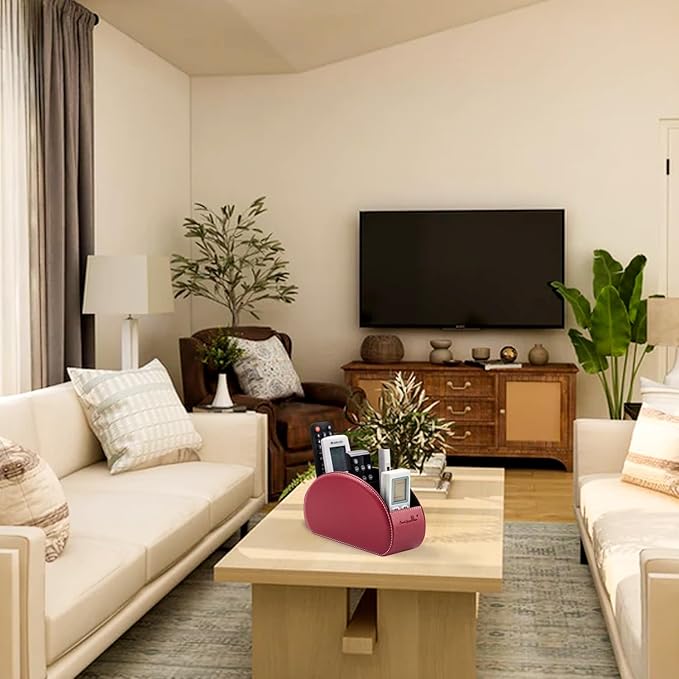 Remote Control Holders Organizer Box with 5 Compartment PU Leather Multi-functional Office Desk Storage Caddy Store Tv Remote for Media Player,Brush,Pencil,Glassees&Office Supplies (Wine Red)