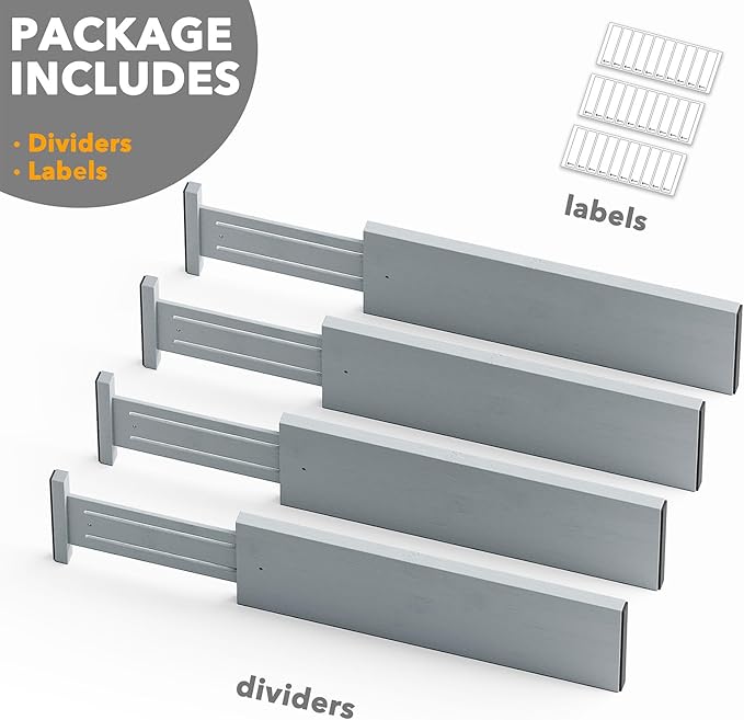 SpaceAid Bamboo 4 Pack Dresser Drawer Dividers, 4.65“ High Adjustable 17“-22” Drawer Organizers, Expandable Organization for Clothing, Clothes, Dressers, Gray