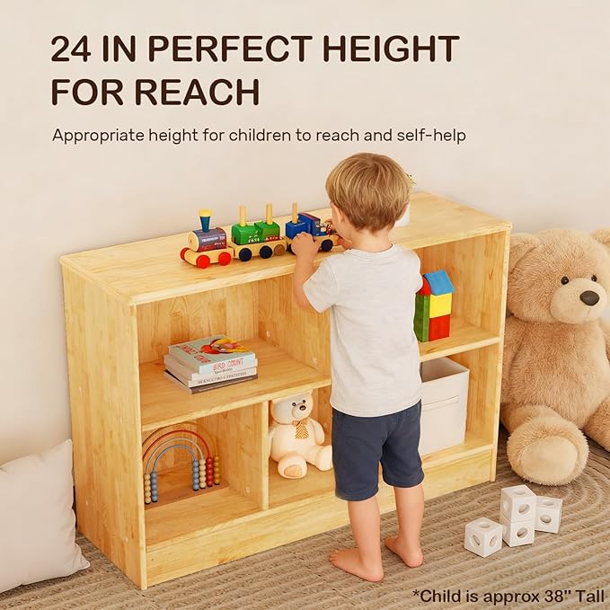 wingyz Montessori Bookshelf Rubber Soild Wood, 5-Section Wooden Storage Cabinet, 2 Shelf Bookcase Toy Storage Organizer, 35.4" L Montessori Shelf for Kids Rooms Classroom Nursery Daycare, Child-Safe