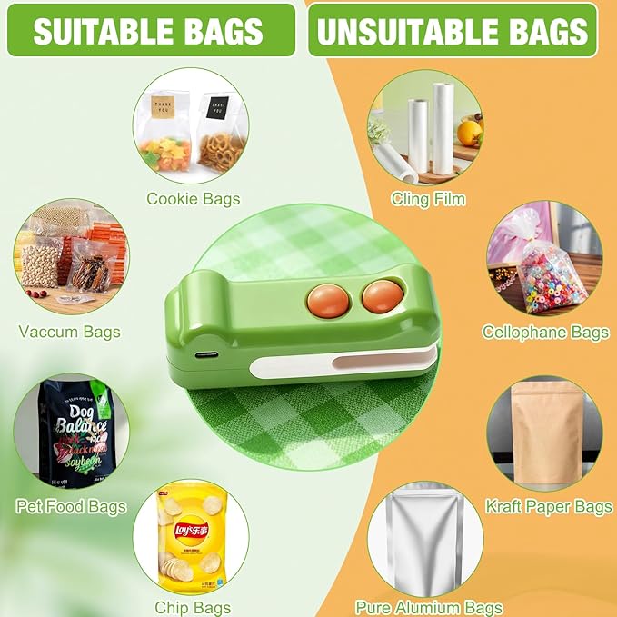 2 in 1 Mini Bag Sealer with Cutter and Magnet,Mini Bag Sealer,Portable Handheld Rechargeable Food Bag Sealer for Sealing and Cutting,Small Package Sealer for Snacks,Chips,Food Storage (Green +Purple)
