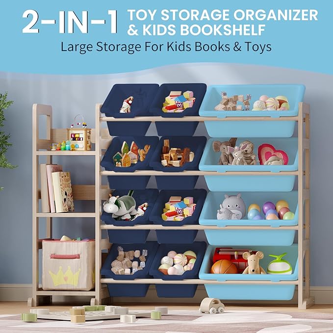 Toy Storage Organizer - Toy Organizers and Storage with Bookshelf, Toy Storage Shelf with 3 Shelves and 12 Storage Bins, Kids Bookshelf and Toy Storage for Kids Room, Playroom, Bedroom, Nursery, Blue