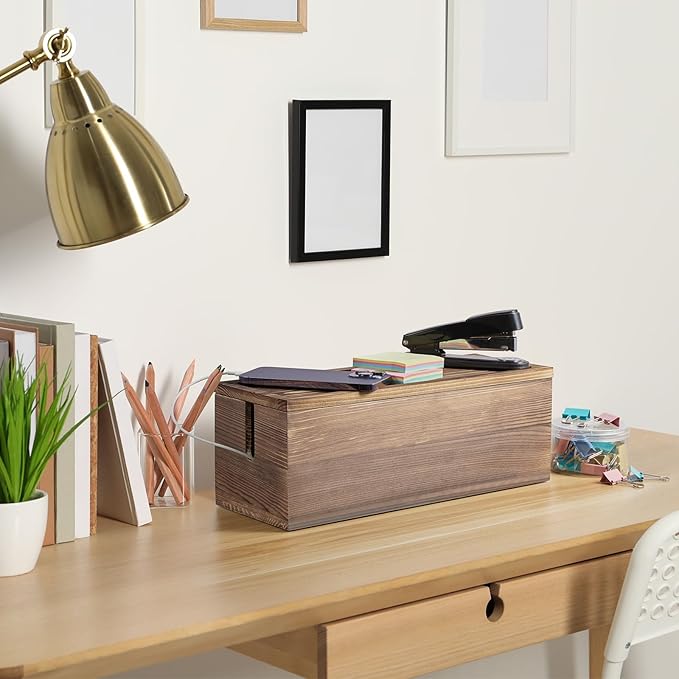 Large Cable Management Box - Burnt Wood Cord Organizer for Desk & Floor