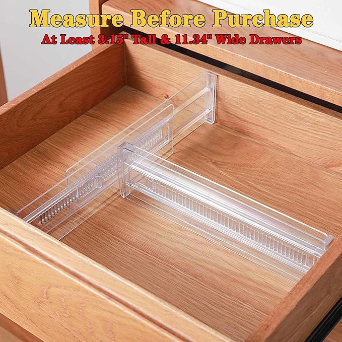 4 Pack Drawer Dividers for Clothes, 3.15" High 11.34"-19.69" Adjustable Expandable Dresser Drawer Organizer, Clear Plastic Separators for Dresser, Baby Clothing, Underwear, Cosmetic