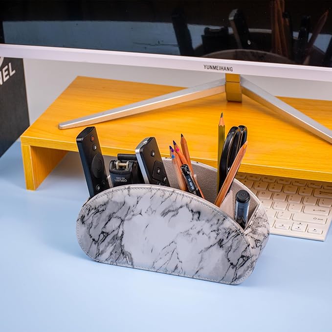 Remote Control Holders Organizer Box with 5 Compartment PU Leather Multi-functional Office Desk Storage Caddy Store Tv Remote for Media Player,Brush,Pencil,Glassees&Office Supplies (Marble)
