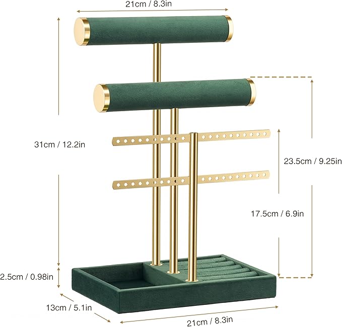 bussdis 3 Tier Bracelet Holder Display - Detachable T Bar Dark Green Velvet Bracelet Holder, Jewelry Holder Organizer for Bracelet, Necklace, Earrings, Rings