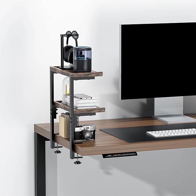 Spacrea clamp on Desk Shelf, 2 Tier Office Desk Shelves Organizer, Wood Desktop Supplies Storage Rack, Desk Organizers and Accessories (Wood)