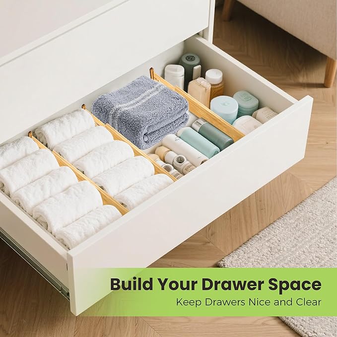 Drawer Divider, Adjustable Bamboo Kitchen Drawer Organizer, Spring Loaded Drawer Organizer, Dresser Separators for Kitchen, Bathroom, Clothes, Office Desk Storage (Natural, 8 Pack Large)