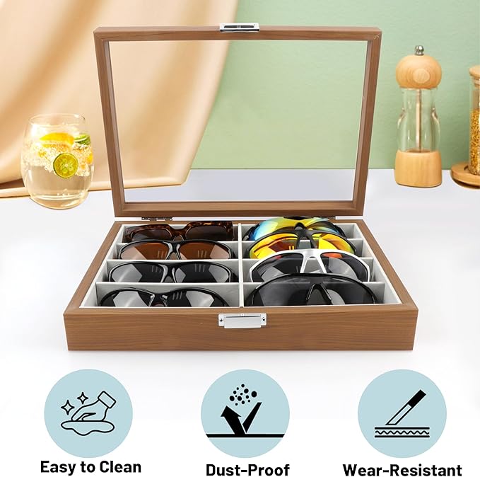 Homeanda Wooden Eyeglasses Case 8 Grids Sun Glasses Holder Eyewear Organizer Glasses Case Tray Glasses Display Showcase Organizer with Cover Christmas Gift for Men and Women