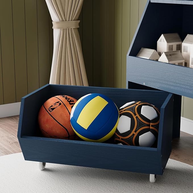 Toy Storage and Organizer for Kid, Large Toy Bin Bookcase Toy Cabinet with Two Moveable Drawers, Children Toddler Storage Carbinet with Wheels for Playroom, Bedroom, Nursery (Dark Blue)