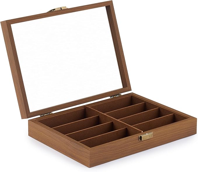 CO-Z Sunglasses Organizer with 8 Slots, Wood Eyeglasses Storage Box for Women Men, Lockable Display Case for Multiple Glasses, Glasses Holder for Watches Jewelry Collection, Walnut