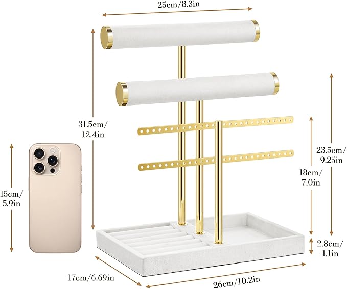 bussdis 3 Tier Bracelet Holder Display - Detachable T Bar White Velvet Bracelet Holder, Jewelry Holder Organizer for Bracelet, Necklace, Earrings, Rings