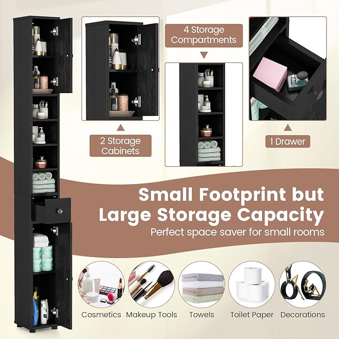 Tangkula Tall Slim Bathroom Storage Cabinet, 71" Freestanding Bathroom Cabinet w/ 2 Doors, 1 Drawer & 5 Adjustable Shelves, Floor Narrow Tower Cabinet for Small Spaces, 8" x 8" x 71" (Black) | Tall, Slim, Freestanding, 2 Doors, 1 Drawer, 5 Adjustable S...