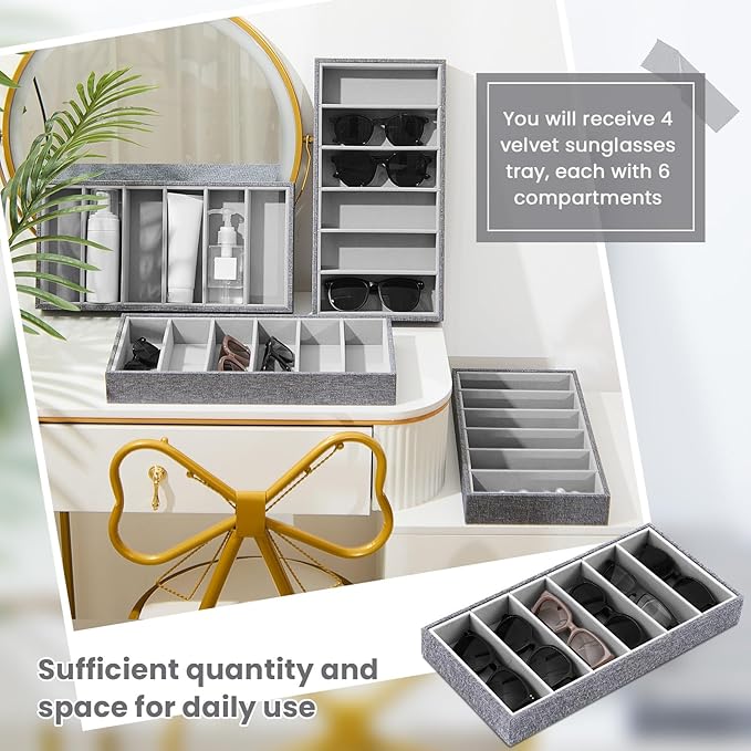 Juexica 4 Pcs Velvet Sunglasses Organizer Tray 6 Grid Sunglass Organizer Velvet Tray Stackable Glasses Display Case for Women Glasses Jewelry Display Watch (Gray)