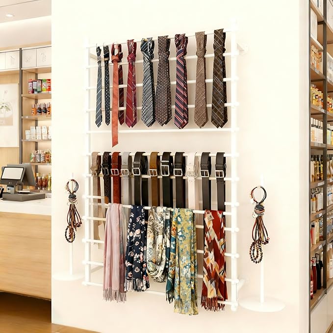 12 Layers 120cm White Wall Display Stand Wrapping Paper Ribbon Organizer Holder Storage Scarf Tie Belt Towel Spool Sewing Tool Hijab Metal Shelving for Home, Retail Stores, Flower Shop, Studio