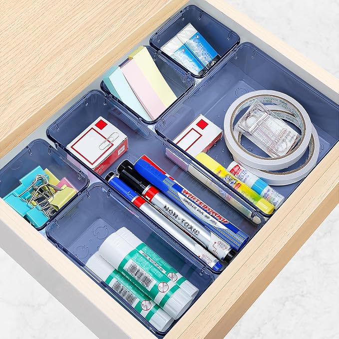 StorMiracle 16 PCS Drawer Organizer Set, 5 Varied Size Bathroom and kitchen Drawer cabinet organizer Trays, Clear Storage Bins for Makeup, Jewelry, Utensils and Gadgets,Dark Blue