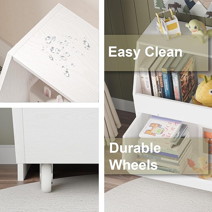 Toy Storage and Organizer for Kid, Large Toy Bin Bookcase Toy Cabinet with Two Moveable Drawers, Children Toddler Storage Carbinet with Wheels for Playroom, Bedroom, Nursery (White oak, Regular)