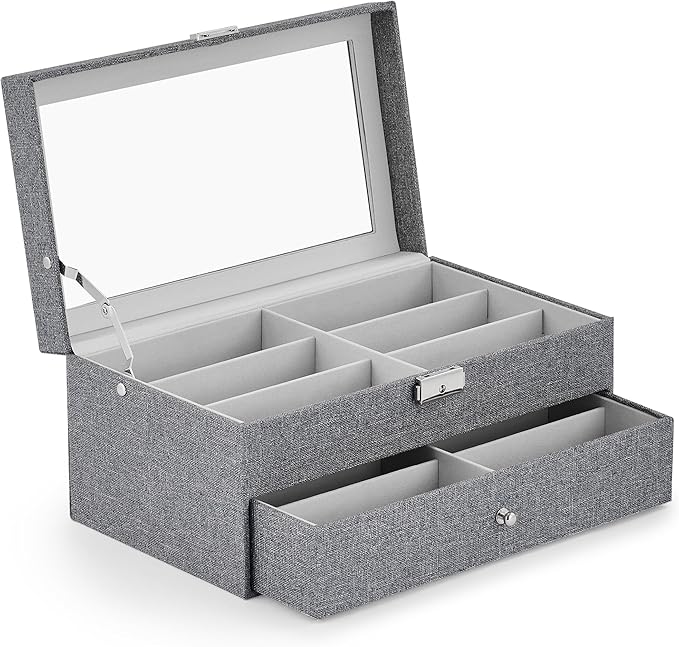 CO-Z Sunglasses Organizer with 12 Slots, Linen Eyeglasses Storage Box for Women Men, 2 Story Lockable Display Case for Multiple Glasses, Sunglasses Jewelry Collection Holder with Drawer, Grey