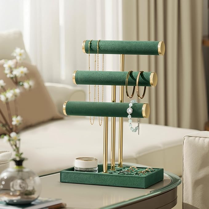 bussdis 3 Tier Bracelet Holder Display - Detachable T Bar Dark Green Velvet Bracelet Holder, Jewelry Holder Organizer for Bracelet, Necklace, Watches, Rings